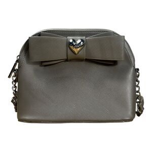 Betsey Johnson Gray Faux Leather Bow Crossbody Bag Silver Chain